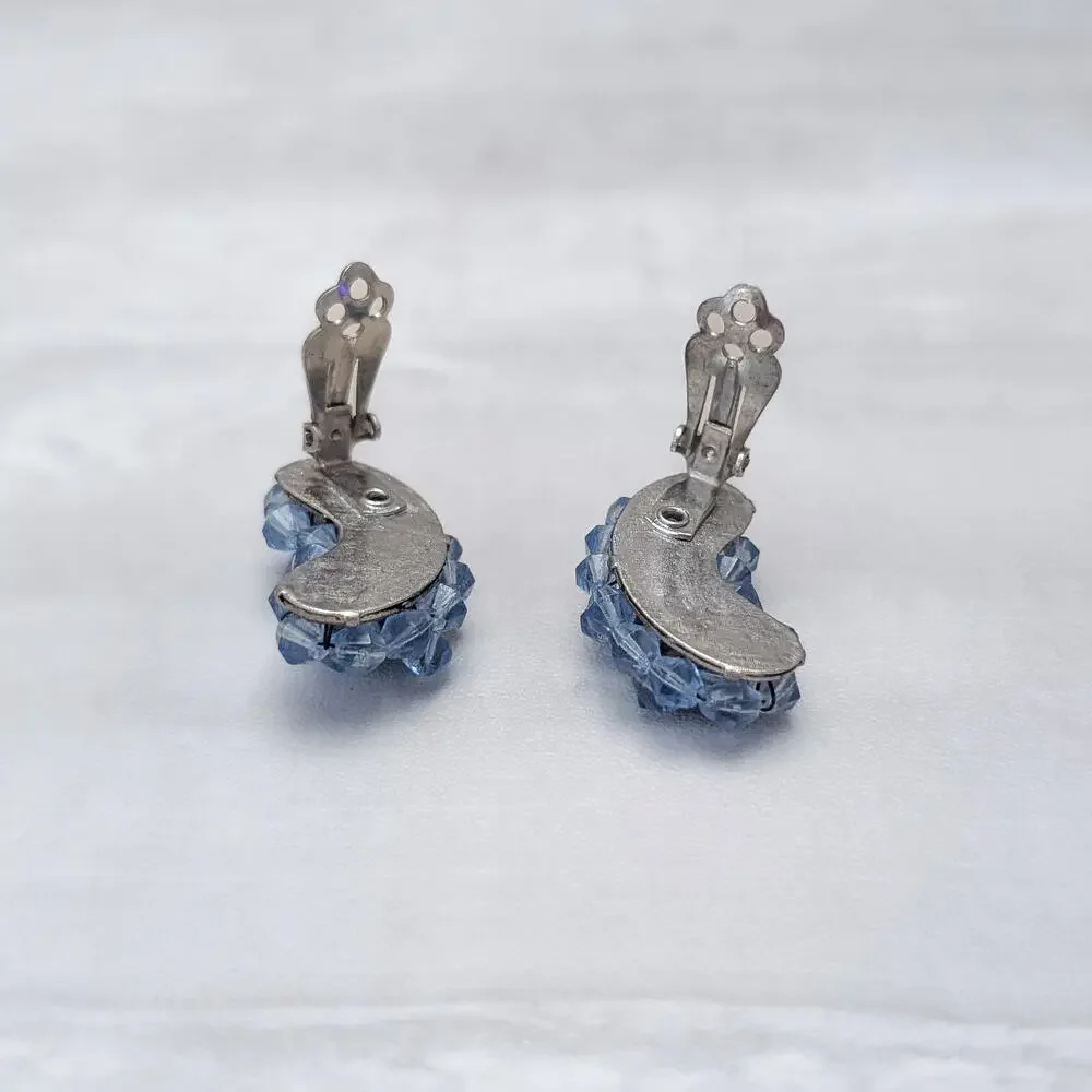 Vintage Clip On Earrings Kidney Bean Shape Large Blue Beaded Statement 1 & 3/8
